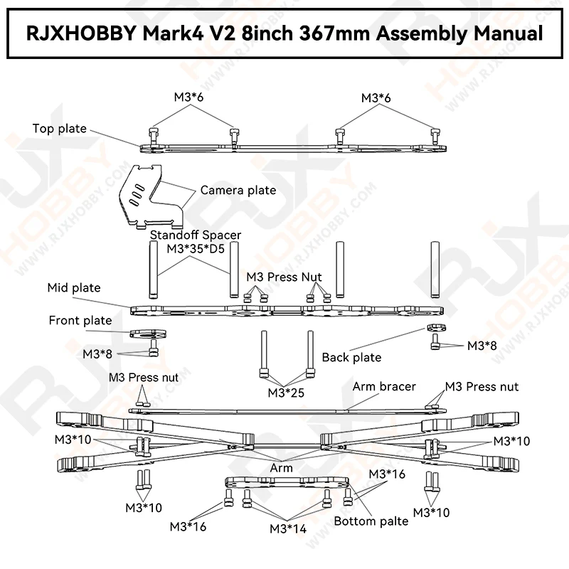 RJX Mark4 V2 8inch 367mm Carbon Fiber Plain Matte Frame Kit - Image 10